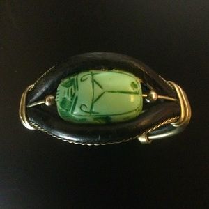 Vintage Egyptian Revival green scarab silver bracelet